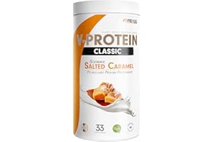 PROFUEL Wegański proszek białkowy w proszku solony karmel, 1 kg, V-PROTEIN, roślinny proszek białkowy na bazie białka grochu, 72% zawartości białka, optymalna wartość białka, wegański shake proteinowy bez soi