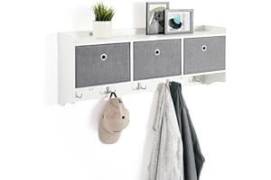MEERVEIL Mondeer Wandgarderobe mit Ablage, Garderobe mit 3 Körben und 5 Haken Holz Mode Stil für Eingang Flur Schlafzimmer Wohnzimmer, B98 x H40 x T22 cm, Weiß