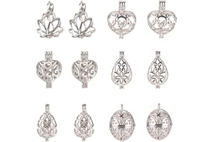 PH PandaHall 12pcs 6 Shapes Platinum Hollow Brass Bead Cages Pendant Aromatherapy Essential Oil Diffuser Locket Cage Charms for DIY Bracelet Necklace Earrings Jewellery Making