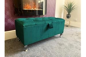 SK LUXURY LIVING Ottoman Storage Box - Engineered Wood Fabric Buttons Luxurious Plush Velvet Ottoman Storage Bench, Perfectly Designed Ottoman for Bedroom Storage (Green Plush, Legs)