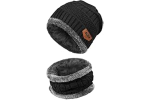 Lerkely Inverno Cappello Sciarpa Set Inverno Maglia Berretto Sciarpa Set con Fodera In Pile per Donne e Uomini (nero), Nero , Taglia Unica