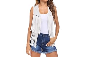 Qianderer Women's Tassel Sleeveless Vest Faux Suede Fringe Vest Jacket 70s Hippie Costume Boho Western Jacket Coat