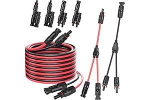 DERUXI 5m/16.4FT Solar Panel Extension Cable 4mm²,1 Pair Y Branch Parallel Connector MMF and FFM, 2 Pairs Photovoltaic T-Branch Connector 1 to 2 Male/Female for Solar Systems (5M Red + 5M Black)