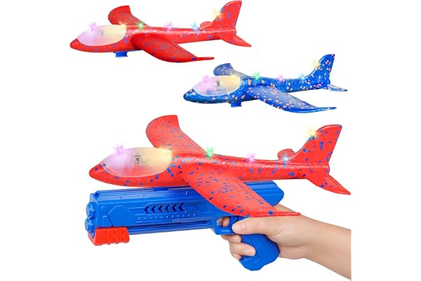 Philivivi 3 Avions Planeurs Enfant, Avion Jouet en Mousse avec LED & Lanceur, Planeur Extérieur Jusqu’à 15m, Jouet Enfant 3-12 Ans, Cadeau Garçon Fille