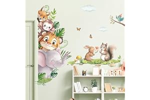 fufuquare Adesivi da Parete Cartone Animato Fiaba Foresta Animale Decalcomanie Murali con Scimmia Tigre Farfalla, Adesivi Murali per la Camera da Letto del Bambino Asilo Nido, Scuola Materna