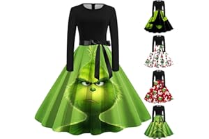 GENERISCH Grinch Kostüm Vintage Weihnachtskleid Damen Swing A Linie Kleid Grinch Merch Langarm Rundhals Cocktailkleid Kleid Weihnachten Elegant 1950s Druck Abendkleid Midikleid Grinch Kleid