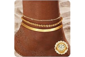 CASSIECA Tobilleras de Plata/Oro para Mujer Pulseras Tobilleras de Plata de Ley 925 Tobilleras Delicadas e Impermeables Tobillera Ajustable en Capas Tobillera con Cuentas Joyería para la Playa