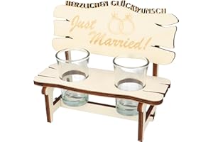 WORTGEFECHTE XL Echtholz Schnapsbank mit Gravur Just Married|Holzbank mit 2 Schnapsgläsern|Vatertagsgeschenk|Trinkspruch|Schnapsbrett|Geschenke Paare|Schnaps Geschenk für Papa|Geburtstag|Jubiläum (Just Married)