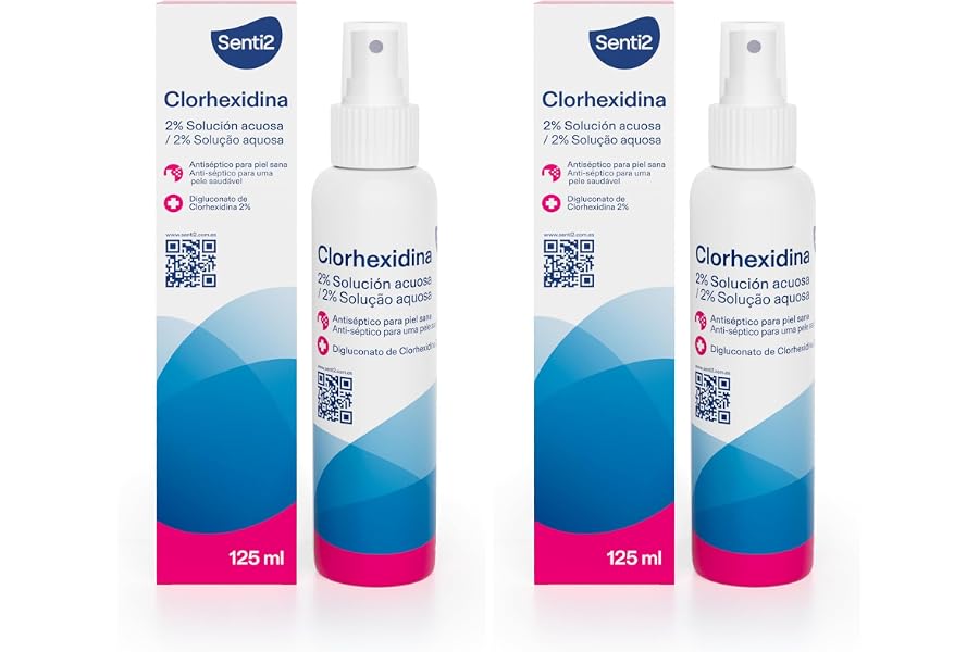 Senti2 Clorhexidina Solución Antiséptica para Piel, 2% Digluconato de Clorhexidina, Solución Acuosa, 125ml (Paquete de 2)