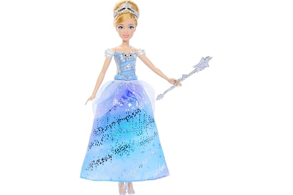 Disney Princess Poupée Cendrillon et sa Robe Enchantée, robe lumineuse avec effets sonores et activation par une baguette magique, inspirée du film