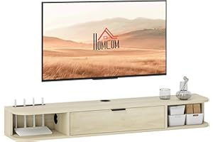 HOMCOM Mueble de TV Suspendido, Mueble de TV para Salón con Cajón Abatible, 2 Estantes Abiertos, Gestión de Cables, Estilo Moderno, para Televisión 50 Pulgadas, 120x24x16 cm, Madera Natural