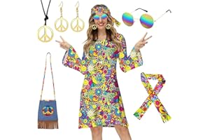 TOLOYE 70s Fancy Dress Women, Hippie Costume Dress with Boho Headband Bag Glasses Necklace Set, 60s Disco Fancy Dress, 1970s Vintage Hippie Outfit Hippy Clothes for Carnival Cosplay Party