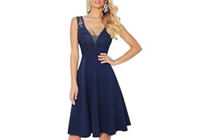 HOMEYEE Damska sukienka koktajlowa w stylu vintage, dekolt w serek, rękawy, koronka, rockabilly, swing, A288