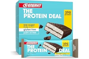 Enervit, The Protein Deal Coconut Party, Barrette Proteiche, Gusto Cocco e Cioccolato Fondente, 20g di Proteine, 0,2g di Zuccheri, Snack Goloso, Senza Glutine, 12 Barrette da 55g