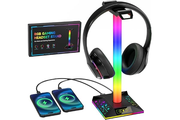 Hcman Support Casque Gamer RGB Porte Casque Gaming Accessoire LED Repose Casque avec 2 Ports USB, Portable Universel Headset Stand, Noir