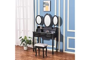 COLORSTONE Vanity Makeup Table with 7 Drawers, Dressing Table with Foldable 3 Mirrors, Detachable Vanity Table with Cushioned Stool (Black)