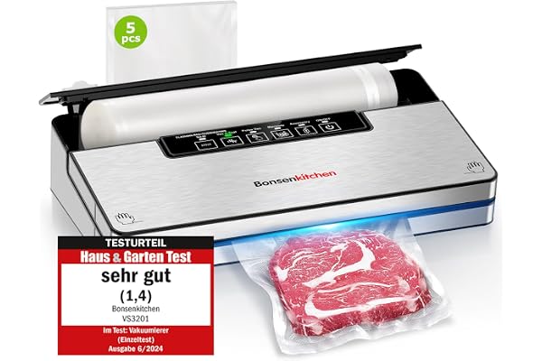 Bonsenkitchen Machine Sous Vide Alimentaire, Machine Sous Vide à 5 Modes-8 L/min, Technologie Globefish pour Un Travail en Continu à Grande Vitesse, Comprend 5 Sacs Sous Vide et 1 Sac en Rouleau
