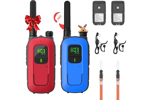 Radioddity PR-T3 Talkie Walkie Enfants Adultes, Rechargeable - Longue Portée pour de 3 à 12 Ans 16 Canaux avec VOX, Lampe Torche, Casque, Chargement USB pour Camping, randonnée (Rouge/Bleu)
