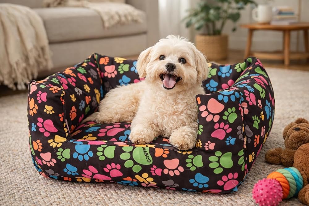 Gobypet Desenli Kedi ve Köpek Yatağı – Küçük Irk Köpekler İçin Yumuşak Minder, Konforlu Evcil Hayvan Yatağı (Siyah, Patili)