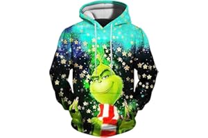 QWUVEDS Herren und Damen Weihnachten Christmas Hoodies Lustige kreative 3D Pullover Sweatshirt für Jungen Mädchen Langarm Hoodie Kordelzug Sweatshirt Grinch Pullover Decken Hoodie Grinch Kleidung