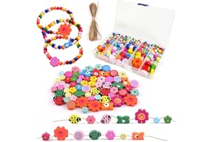 Deepton Perle di legno da infilare, perline di legno colorate, perline da infilare per bambini a partire dai 2 3 4 anni, set di perline per bambini, circa 400 pezzi, per braccialetti fai da te e