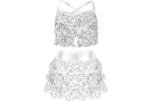 Miutii Kids Girls 2 Piece Sequins Camisole Crop Top with Skirt Ballet Modern Jazz Latin Dance Performance Costume