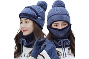 JFAN 4 in 1 Womens Winter Scarf Set Women Knitted Hat Warm Thickened Fuzzy Beanie Face Cover Ear Protection Glove Soft Windproof Hat and Scarf Set for Ladies Outdoor