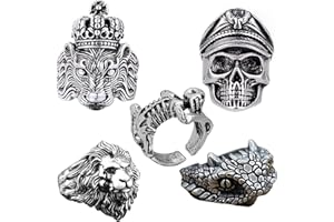 Guyode 5 Piezas Anillos Hombre, Anillo Hombre Acero Inoxidable, Ajustable Cráneo Biker Chulo Hip Hop Punk Vintage Gotico Retro Rock Joyería Set (León, Cráneo, Pitón)