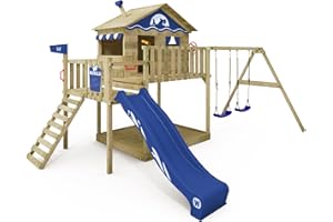 WICKEY Aire de Jeux Smart Coast portique en Bois avec balançoire et Toboggan Bleu, Tour d'escalade pour Enfants avec bac à Sable, échelle et Accessoires de Jeu pour Le Jardin.