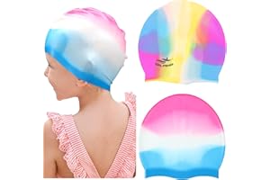 YENLK Swimming Caps for Kids, 2 PACK Elastic Silicone Swimming Hat Waterproof Swim Cap for Long Short Hair Girls Boys Kids Teens Children