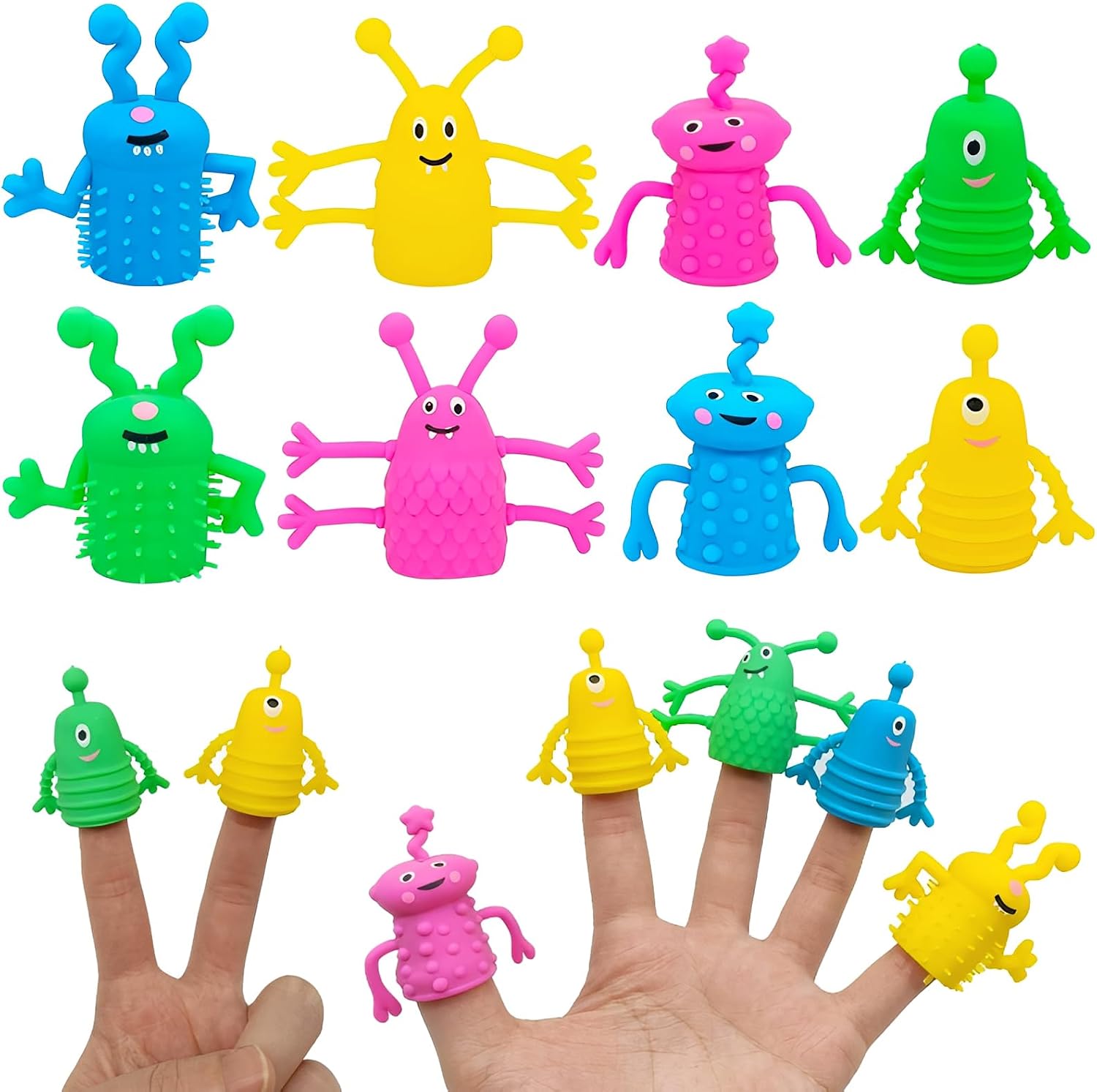 PYRUVAE 16 Piezas Marionetas de dedo para regalos de cumpleaños infantiles, set de marionetas de dedo, peluche de monstruo extraterrestre para niños, regalos de Pascua y fiestas