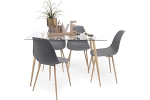 Homely - Conjunto de Comedor Cairo Nordic | Mesa + 4 sillas | Diseño Nórdico | Comedor, Salón, Cocina, Sala | Mesa de Cristal de 120x79,5 cm | 4 sillas nórdicas Color Gris Oscuro