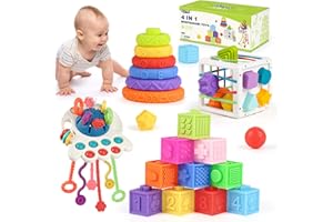 Joyreal Zabawka, 4 w 1 Montessori Baby, wieża do układania w stos, sensoryka, kostka motoryczna, 6, 9, 12 miesięcy, prezent dla chłopców i dziewczynek