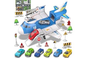 kramow Toys for 3 Year Old Boy, Cars Toy set, Airplane Toys, Transport Aeroplane with Play Mat, 8 Sports Cars, 1 Helicopter, 11 Traffic Signs, Cargo Plane Gifts for Kids Boys Girls age 3 4 5 6