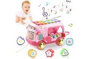 KAYBOLGE Baby Toys for 1 Year Old Girls Baby Toys 12-18 Months Musical Bus with Xylophone Shape Sorter Pull Along Toy Chirstmas Birthday Gifts Toys for Boys Girls Age 1 2 3 Years Old
