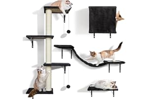 Zvonema Étagères Murales pour Chat, 4 en 1 Ensemble de Meubles Muraux pour Chat avec Griffoir, Arbre a Chats Mural avec Balle, Stable pour Grands et Petits D'intérieur Jusqu'à 10 kg, Noir
