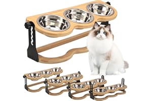 DOYFAY 3PCS Cat Bowl,Cat Bowls with 15° Tilted Wood Stand,Adjustable Height Elevated Feeder Bowls for Cats and Small Dogs,Cat Food Bowl with Bamboo Base,Cat Feeding Station with 3 Stainless Steel Bowls