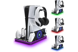 HEATFUN PS5 Slim Stand and Cooling Station with RGB LED Controller Charging Station for Playstation 5, PS5 Controller Charger for Dual Sense & Edge Controller, PS5 / PS5 Slim Accessories Cooling Black