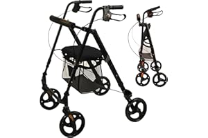 MobiQuip Lightweight 4-Wheel Aluminium Rollator with Seat, 6.4kg - Black Frame with Black Seat - Folding Mobility Walker with Basket, Loop Brakes, Walking Stick Holder - Height Adjustable