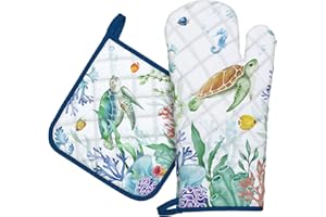 Arquiel Gants De Four & Maniques Lot De 2, 100% Coton Maniques Cuisine Gant Four Anti Chaleur Extra-Longue pour Barbecue, Cuisine, Griller, Micro-Ondes(Tortue océanique)