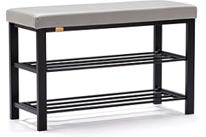 HNNHOME Canopus Shoe Bench,3-tier Shoe Rack Shelf Organiser with Padded Cushion Seat, Steel Frame, for Entryway, Hallway Living Room Industrial Accent Furniture 81x32xH50cm (Light Grey, Faux Leather)
