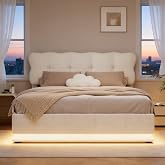 BRILVERDE Upholstered Bed 140 x 200 cm with Hydraulic Storage, Double Bed with USB Socket and LED Light, Padded Headboard and