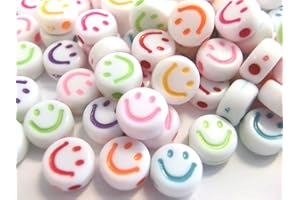 Beadsvision 200 Happy Beads Round 7 mm White with Colourful Smile Acrylic Round Beads 200 Pieces White and Multicoloured