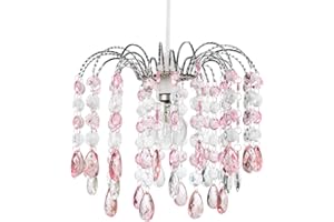 Contemporary Waterfall Designed Pendant Light Shade with Pink and Clear Acrylic Droplets - Chrome Plated Metal Frame by Happy Homewares