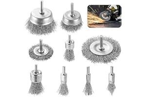 Orssmigs 9 Piezas Cepillo Alambre Taladro,Cepillo para Taladro Cepillo Metalico con Vástago Redondo 6mm | 1/4in para Decapante de óxido/Corrosión/Pintura/Pulir, Lijar