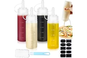 CoKeeSun 4 Stück Squeeze Flasche, 500ml Quetschflasche mit Kappen, 16oz Saucenflasche, Kein Leck Condiment Flaschen mit Reinigungsbürste für Backen Ketchup Scharfe Soße Olivenöl Senf Malen Pigment
