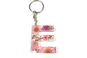 Cotswold Crafts By Emma Personalised Handmade A-Z Letter Keyring with Pink Pressed Flowers and Rose Gold Foil – Custom Keychain Gift or Bag Charm for Women, Men, Kids, Handbags, or Backpacks- Letter E