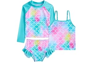 Belovecol Girls Swimming Costume 3-Piece Bathing Suit Long Sleeve Swimsuit with Ruffle Shorts Tankini Sets Beachwear 4-10 Years