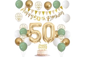 JOBKOO 50 Geburtstag Deko Salbeigrüne Deko 50. Geburtstag Frau Mann mit Banner 50 Geburtstag Girlande Zahl 50 Luftballons Geburtstag Tortendeko Grün Weiß Gold Party Ballons für 50 Jahre Geburtstagsdeko