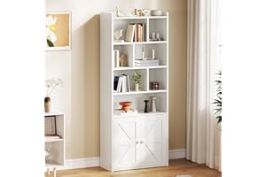 YITAHOME 4-Tier Bookcase with Doors and Cabinet, Bookshelf Floor Standing Display Storage Shelf, Top Open Compartment Book Cases for Home, Office, Living Room, Bedroom, White, 60 x 30 x 159